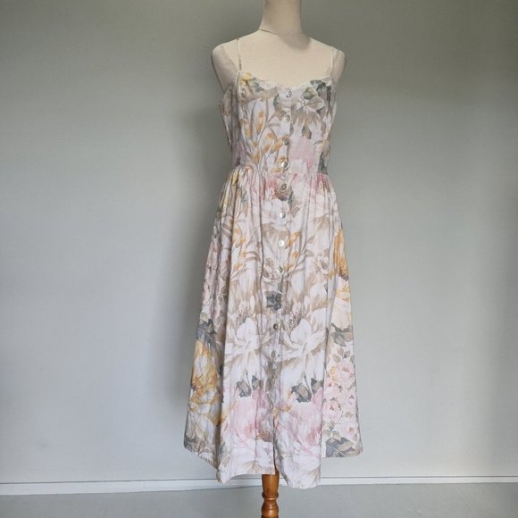 H&M Mulitcolour Floral Linen Blend A-Line Midi Dress Size 12 - Picture 2 of 8